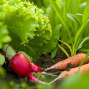Carrot, lettuce and radishes in garden